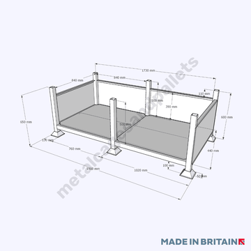 Technical drawing of extra wide stillage with open front.